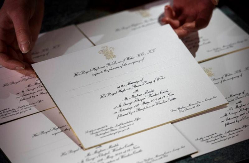 Invitations for Prince Harry and Meghan Markle's wedding in May, after they have been printed at the workshop of Barnard and Westwood in London Thursday March 22, 2018. Prince Harry and Meghan will get married at St George's Chapel  in Windsor Castle on Saturday  May 19. (Victoria Jones/Pool via AP)