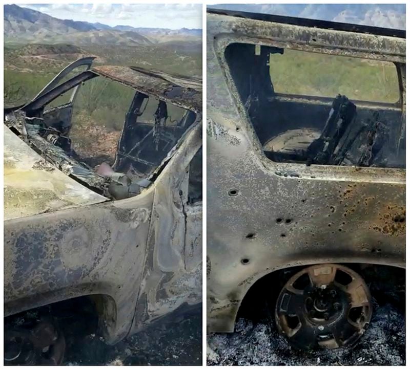 This combination of frames from video by Kenny Miller and posted on the Twitter account of Alex LeBaron shows two views of a burned-out vehicle that was being used by some members of the LeBaron family as they were driving in a convoy near the Sonora-Chihuahua border in Mexico. Mexican authorities say drug cartel gunmen ambushed multiple vehicles, including this one, slaughtering several women and children.