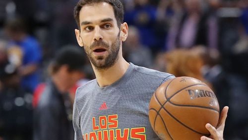 The newest member of the Atlanta Hawks forward Jose Calderon warms up before the team plays the Golden State Warriors in a NBA basketball game on Monday, March 6, 2017, in Atlanta. Curtis Compton/ccompton@ajc.com