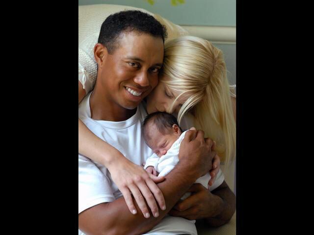 Tiger Woods and wife Elin, with newborn daughter Sam Alexis Woods in June of 2007.