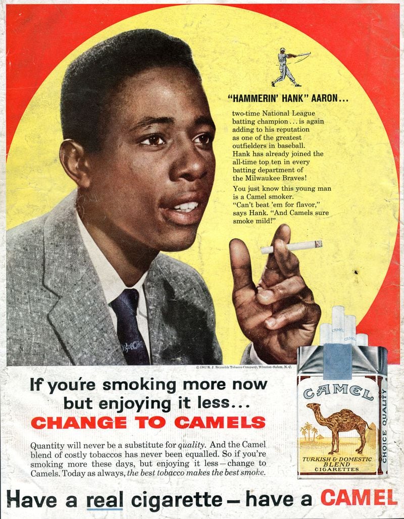 Hank Aaron serves as a spokesman for Camel brand cigarettes in this 1960 magazine advertisement. This image is taken from the collection of tobacco ads curated by the Stanford University Research Into the Impact of Tobacco Advertising. (SRITA)