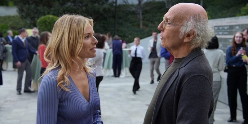 Sienna Miller and Larry David appear in an episode this year of “Curb Your Enthusiasm.” David receives praises after vowing to fight Georgia's ban on the distribution of food and drink to voters as they wait in line to cast their ballots. Special 