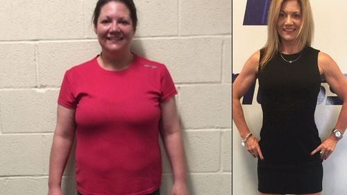 In the photo on the left, taken in March 2017, Melissa Bachman weighed 179 pounds. In the photo on the right, taken in April, she weighed 123 pounds. (Photos contributed by Mizelle Sarno with SFX Fitness in Roswell)