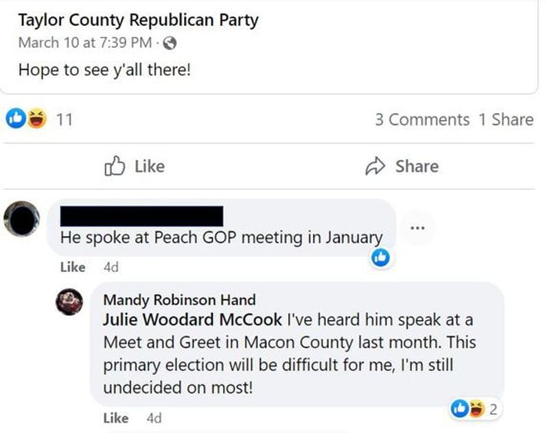 Taylor County Republican Party Chairwoman Mandy Robinson-Hand commented Facebook about an upcoming political event on March 10, 2022, a day before she was arrested by the FBI on charges related to the Jan. 6, 2021 U.S. Capitol riot.
