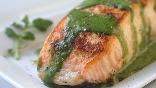 Baked Salmon with Watercress Sauce on Wednesday, Jan. 31, 2018. (Laurie Skrivan/St. Louis Post-Dispatch/TNS)
