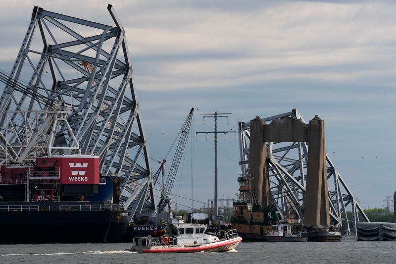 A Coast Guard vessel passes the collapsed Francis Scott Key Bridge, Thursday, April 25, 2024, in Baltimore. (AP Photo/Matt Rourke)