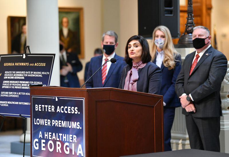 October 15, 2020 Atlanta - Centers for Medicare and Medicaid Services (CMS) Administrator Seema Verma speaks after Governor Brian Kemp made a special announcement on healthcare reform at the Georgia State Capitol on Thursday, October 15, 2020. The federal government approved Gov. Brian KempÕs plan to reshape Medicaid and individual insurance in Georgia under the Affordable Care Act, the governor and a top Trump administration health official announced on Thursday. (Hyosub Shin / Hyosub.Shin@ajc.com)