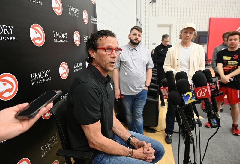 Atlanta Hawks head coach Quin Snyder speaks during team exit interviews as the season comes to an end at the Atlanta Hawks practice facility, Friday, April 19, 2024, in Brookhaven. (Hyosub Shin / Hyosub.Shin@ajc.com)