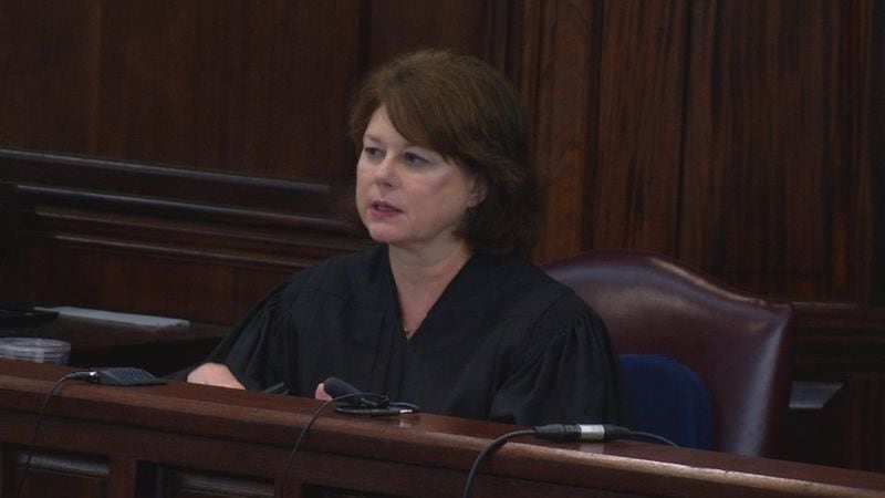 Judge Mary Staley Clark denies the defense's motion for a mistrial in the murder trial of Justin Ross Harris, at the Glynn County Courthouse in Brunswick, Ga., on Thursday, Oct. 27, 2016. (screen capture via WSB-TV)