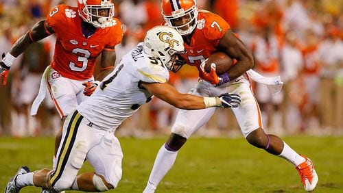 Georgia Tech’s Brant Mitchell tackles Clemson’s Mike Williams at Bobby Dodd Stadium on September 22, 2016 in Atlanta, Georgia. (Photo by Kevin C. Cox/Getty Images)