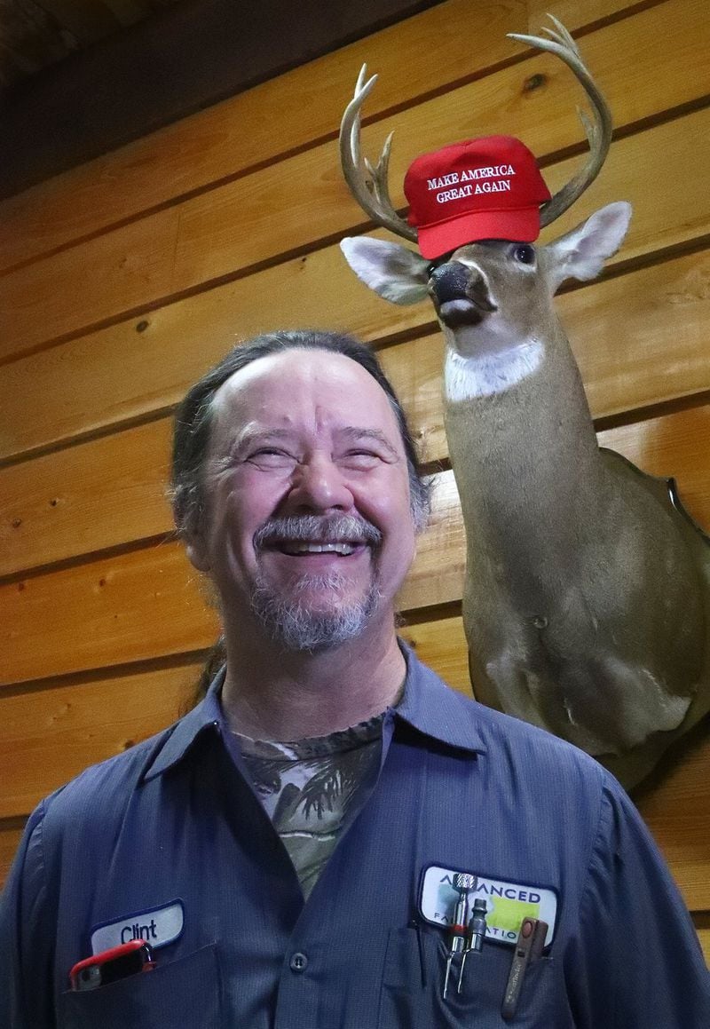 Feb. 5, 2019 Vidalia: Clint Williams, chairman of the Toombs County Board of Education, at his business office with his mounted buck wearing an official Trump MAGA hat on Tuesday, Feb. 5, 2019, in Vidalia. The rural community in Toombs County overwhelmingly went for Trump in the 2016 presidential election, but is also home to many immigrants who work in the agricultural industry. Curtis Compton/ccompton@ajc.com