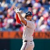Atlanta Braves' Matt Olson reacts after hitting a three-run double against Philadelphia Phillies pitcher Connor Brogdon during the eighth inning of an opening-day baseball game, Friday, March 29, 2024, in Philadelphia. (AP Photo/Matt Slocum)