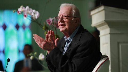 Former President Jimmy Carter returns to Maranatha Baptist Church in Plains less than a month after falling and breaking his hip to teach Sunday school on June 9, 2019.  Curtis Compton/ccompton@ajc.com