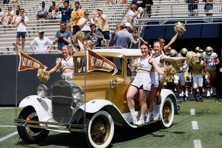 The Ramblin' Reck leads the teams onto the field for Georgia Tech's spring football game in Atlanta on Saturday, April 15, 2023.   (Bob Andres for the Atlanta Journal Constitution)