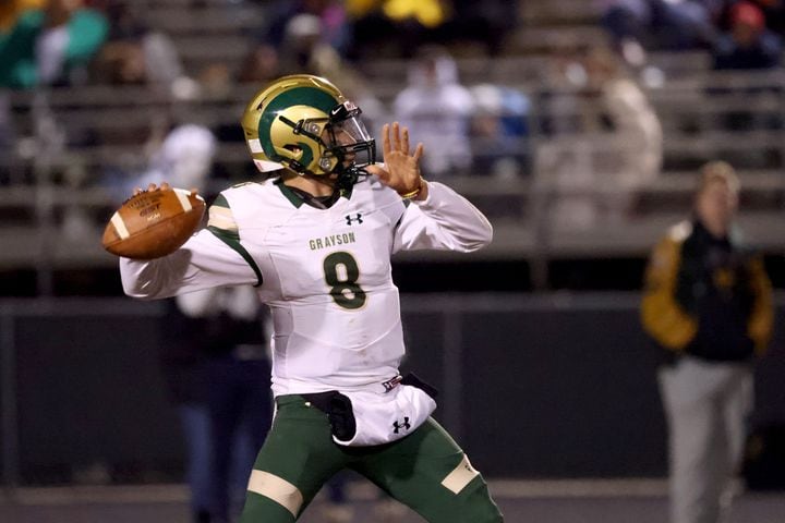 Dec. 18, 2020 - Norcross, Ga: Grayson quarterback Jake Garcia (8) attempts a pass in the first half against Norcross in the Class AAAAAAA semi-final game at Norcross high school Friday, December 18, 2020 in Norcross, Ga.. JASON GETZ FOR THE ATLANTA JOURNAL-CONSTITUTION