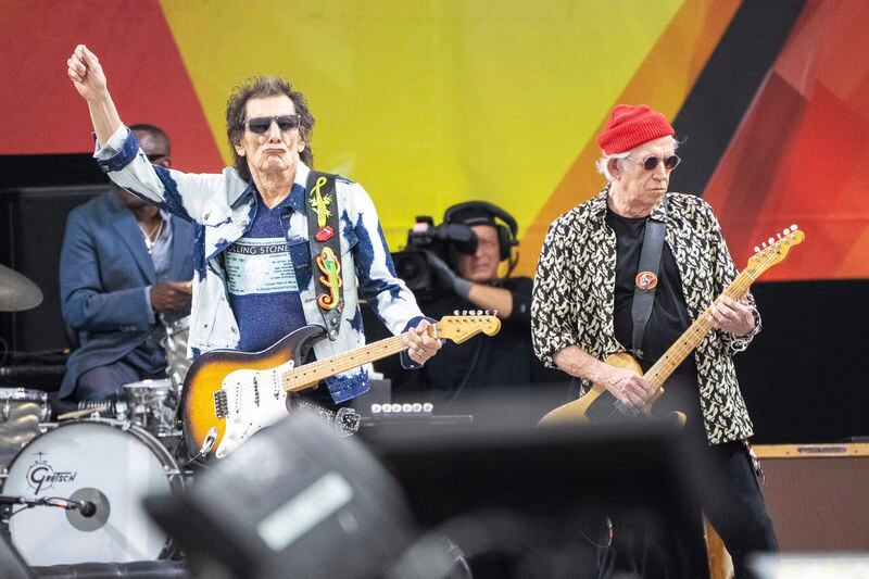 Ron Wood, left, and Keith Richards, of the Rolling Stones, perform during the New Orleans Jazz & Heritage Festival on Thursday, May 2nd, 2024, at the Fair Grounds Race Course in New Orleans. (Photo by Amy Harris/Invision/AP)