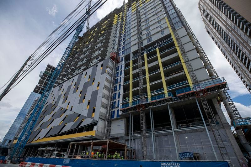 Construction continues on the Midtown Union Project, located at 1331 Spring Street, in Atlanta’s Midtown community, Tuesday June 29, 2021. The Midtown Union will be a mixed-use multiple high rise building. (Alyssa Pointer / Alyssa.Pointer@ajc.com)

