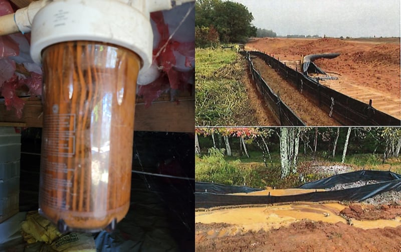 Edward Clay entered photos of his well filters into evidence (left), claiming that they were clogged with dirt and mug after Plateau Excavation began work on the nearby Rivian site. On Oct. 13, Plateau self-reported that sediment escaped the site following more than an inch of rainfall the previous day.