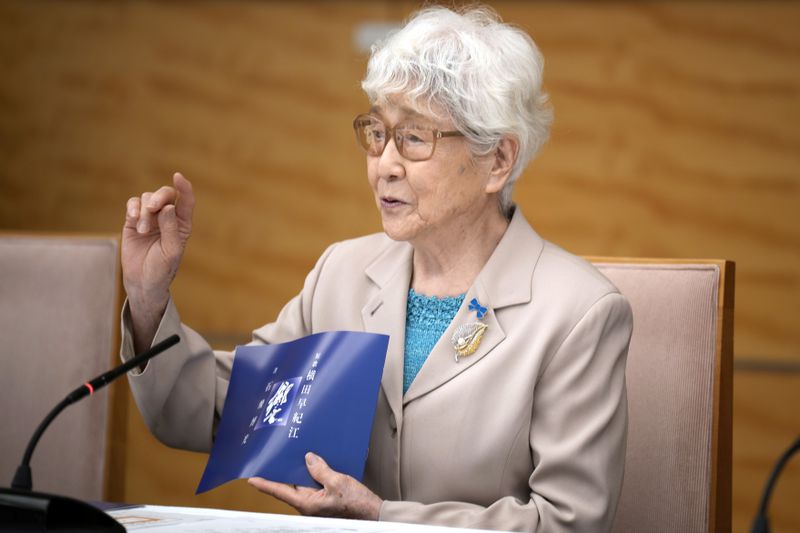 Sakie Yokota, mother of Megumi Yokota, one of the Japanese abductees by North Korea, speaks to U.S. Ambassador to United Nations Linda Thomas-Greenfield on Thursday, April 18, 2024, at prime minister's office in Tokyo. (AP Photo/Eugene Hoshiko, Pool)