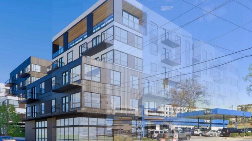 Shelton McNally Real Estate Partners plan to build a six-story development with a total of 7,350 square feet of retail and co-working office space and 199 apartment units at 5810 Roswell Road. Courtesy Sandy Springs