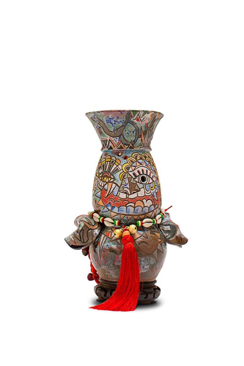 The earthenware sculpture “Obba” by Jiha Moon features bells, shoelace, hanji beads and found objects. CONTRIBUTED BY ALAN AVERY ART COMPANY