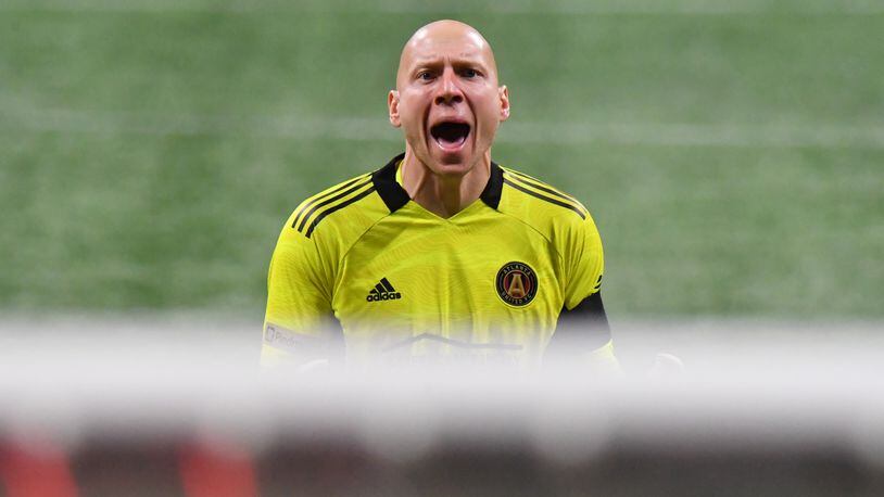 April 24, 2021 Atlanta - Atlanta United's goalkeeper Brad Guzan (1) reacts after an own goal by Chicago Fire's defender Johan Kappelhof (4) during the second half in a MLS soccer match at Mercedes-Benz Stadium in Atlanta on Saturday, April 24, 2021. Atlanta United won 3-1 over Chicago Fire. (Hyosub Shin / Hyosub.Shin@ajc.com)