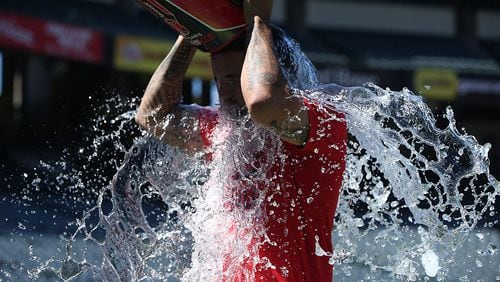 Angels pitcher Hector Santiago took the ALS Ice Bucket Challenge before a game against the Cleveland Indians in August 2015.