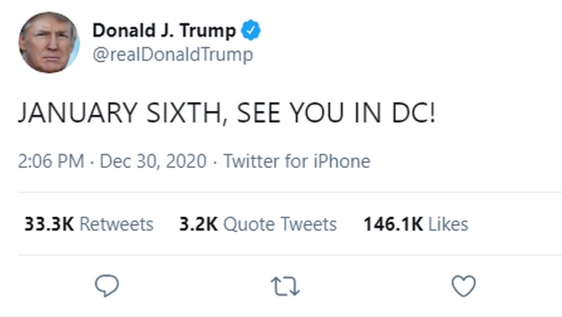 A screenshot of Donald Trump's tweet about the Jan. 6, 2021 rally.