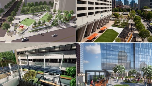 Clockwise from top left: Renderings for new greenspace at Bank of America Plaza, Tower Square, Midtown Union and The Commons at Lake Hearn.