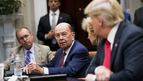 Commerce Secretary Wilbur Ross speaks to President Donald Trump during the first meeting of the President’s National Council for the American Worker at the White House in Washington, Sept. 17, 2018. A federal judge blocked the Commerce Department on Jan. 15 from adding a question on American citizenship to the 2020 census, handing a legal victory to critics who accused the Trump administration of trying to turn the census into a tool to advance Republican political fortunes. (Doug Mills/The New York Times)