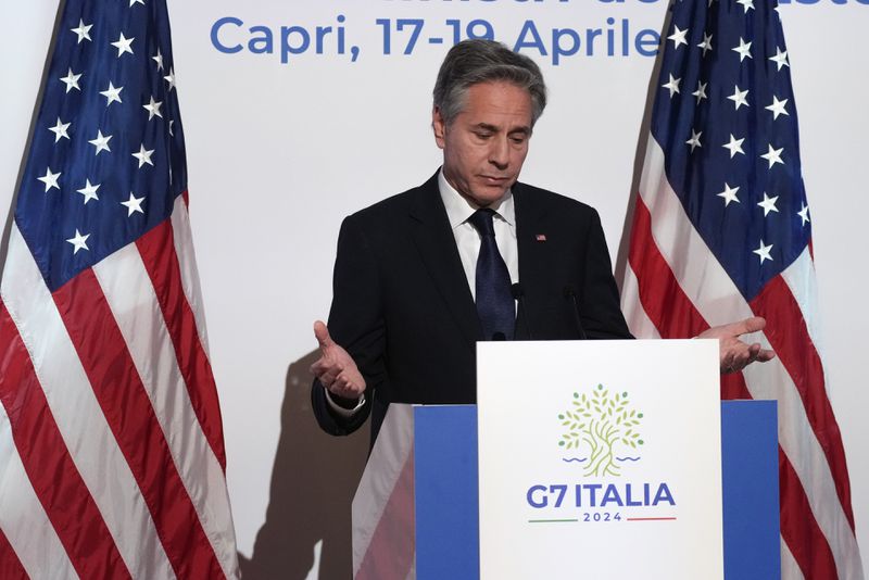 U.S. Secretary of State Antony Blinken meets the journalists during a press conference at the G7 Foreign Ministers meeting on Capri Island, Italy, Friday, April 19, 2024. (AP Photo/Gregorio Borgia)