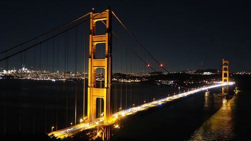 The Golden Gate Bridge at night, with San Francisco in the distance, is seen from Battery Spencer near the Marin Headlands of Marin County, Calif. (Simon Peter Groebner/Minneapolis Star Tribune/TNS)