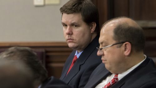 Ross Harris sits next to one of his attorneys, Bryan Lumpkin (right), in court during his trial in Brunswick. (Stephen B. Morton for The Atlanta Journal Constitution)