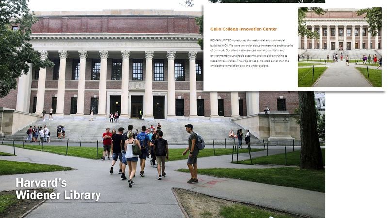 The Roman United website claimed the "Gello College Innovation Center" as a past project (seen in the inset at right). However, the photo illustrating that claim appears to be of the Harvard University Widener Library, seen in the larger image on the left, as seen in this Associated Press photograph from 2019. In both images, the Harvard seal can be seen carved above the center door. (Charles Krupa / Associated Press)