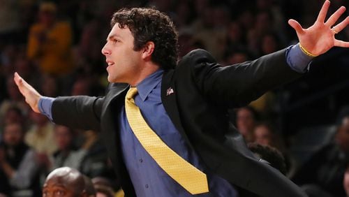 Georgia Tech coach Josh Pastner coaches his team to a 71-57 victory over Belmont in their NIT tournament second-round game Sunday, March 19, 2017, in Atlanta. (Curtis Compton/AJC)