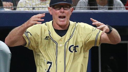 Georgia Tech head coach Danny Hall reacts to a play during Georgia’s 8-7 victory in the Spring Classic during a NCAA college baseball game at SunTrust Park on Tuesday, May 9, 2017, in Atlanta. Curtis Compton/ccompton@ajc.com