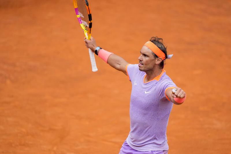 Spain's Rafael Nadal celebrates after defeating Belgium's Zizou Bergs at the Italian Open tennis tournament, in Rome, Thursday, May 9, 2024. (AP Photo/Andrew Medichini)