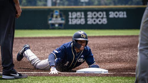Georgia Tech second baseman Chandler Simpson dives into third base of the Yellow Jackets' NCAA regional game against Campbell June 5, 2022 in Knoxville, Tenn. (Gage Jenkins/Georgia Tech Athletics)