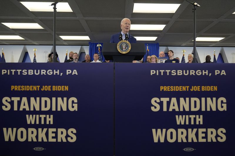 President Joe Biden speaks at a campaign event at United Steelworkers Headquarters, Wednesday, April 17, 2024, in Pittsburgh, Pa. (AP Photo/Alex Brandon)