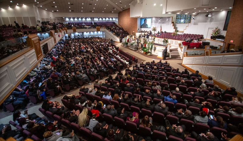 Mourners fill the Jackson Memorial Baptist Church Friday for the funeral service for officer Stanley Lawrence February 28, 2020.   STEVE SCHAEFER / SPECIAL TO THE AJC