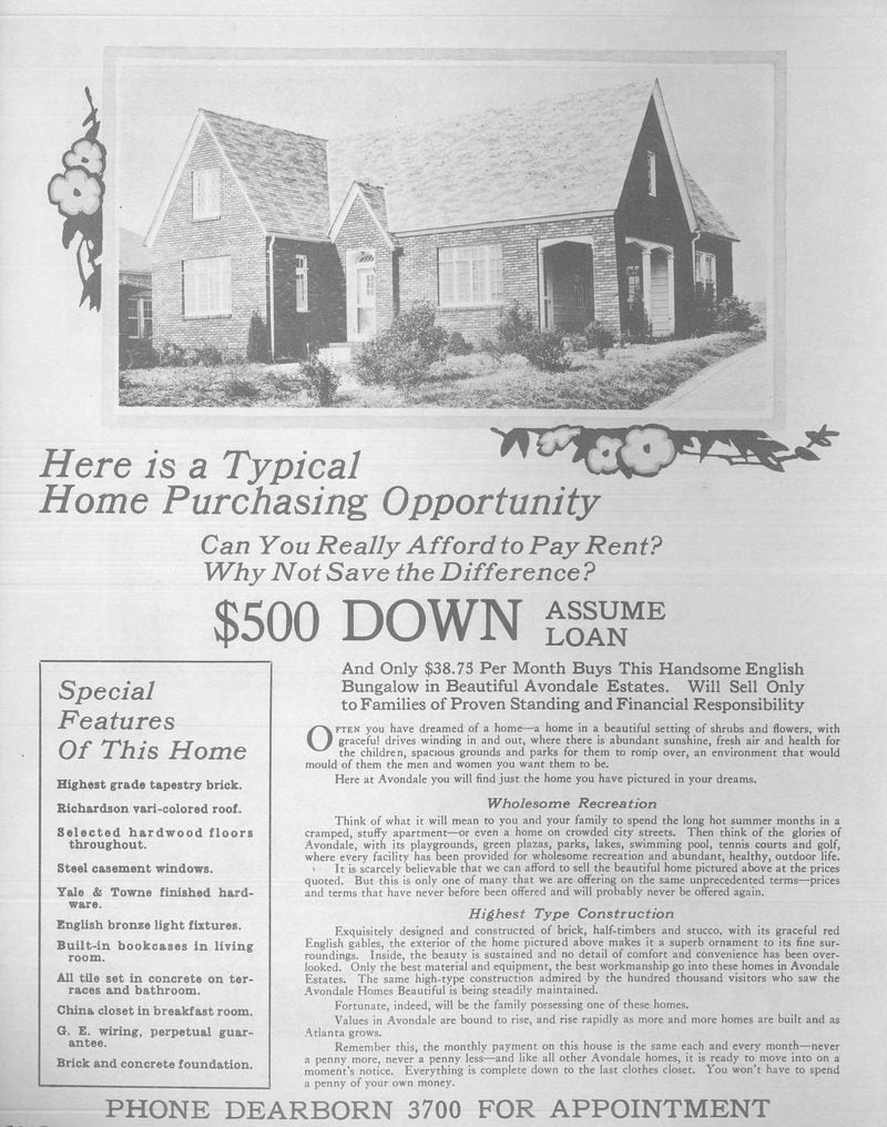 A 1920s advertisement for Avondale Estates, a planned community dreamed up by Atlanta pharmaceutical magnate George F. Willis.