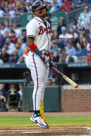 Atlanta Braves’ Ronald Acuna Jr. (13) reacts after a strike out against the Philadelphia Phillies during the first inning of NLDS Game 2 in Atlanta on Monday, Oct. 9, 2023.   (Miguel Martinez / Miguel.Martinezjimenez@ajc.com)