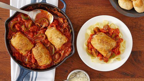 Sunday’s Braised Chicken Cacciatore is served over noodles. Contributed by Perdue Farms Inc.
