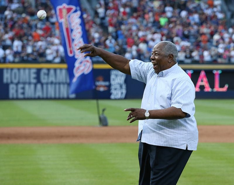 Hank Aaron throws the final pitch at Turner Field on Sunday, Oct. 2, 2016, in Atlanta. (Curtis Compton /ccompton@ajc.com)