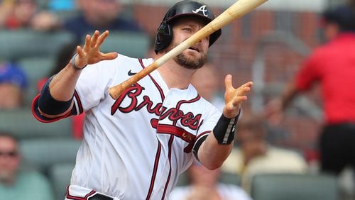0Braves catcher Stephen Vogt loses control of his bat while taking strike three for the out against the Cincinnati Reds during the second inning of a MLB baseball game on Thursday, August 12, 2021, in Atlanta.   “Curtis Compton / Curtis.Compton@ajc.com”