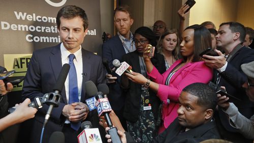 South Bend, Ind., Mayor Pete Buttigieg holds a press conference during a recent visit to Atlanta. Bob Andres, bandres@ajc.com