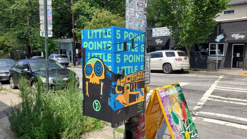 An Little Five Points utility box painted by Petie Parker.
