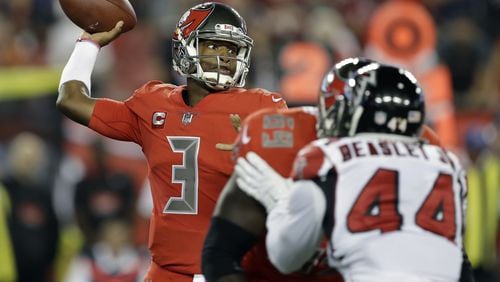 Tampa Bay Buccaneers quarterback Jameis Winston (3) throws a pass during the first quarter of an NFL football game against the Atlanta Falcons Thursday, Nov. 3, 2016, in Tampa, Fla. (AP Photo/Chris O'Meara)