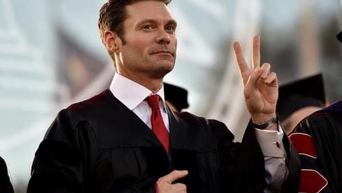 Ryan Seacrest spoke at UGA's 2016 graduation ceremony and received an honorary Doctor of Humane Letters degree. Seacrest, who grew up in Dunwoody, attended UGA briefly before pursuing a broadcasting career. AJC file photo: Brant Sanderlin