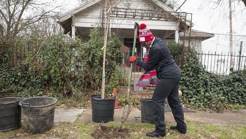 Eugenia Pryor of Ellenwood digs a hole for a crape myrtle tree that she and other volunteers planted Tuesday along English Avenue outside the Salvation Army Bellwood Boys and Girls Club in Atlanta. “I spent many days in the garden with my mom,” Pryor said as she chipped away at the hard earth.